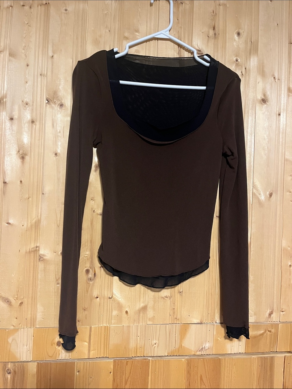 Free People Brown Long Sleeve Scoop Neck Top with Layered Hem